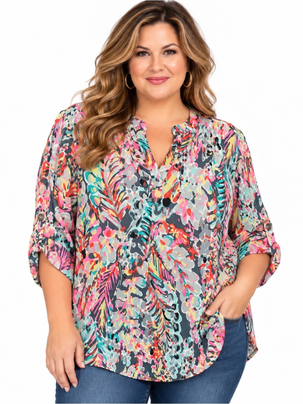 Dear Scarlett 2X Multicolor Abstract Print Roll Tab Sleeve Blouse NWT